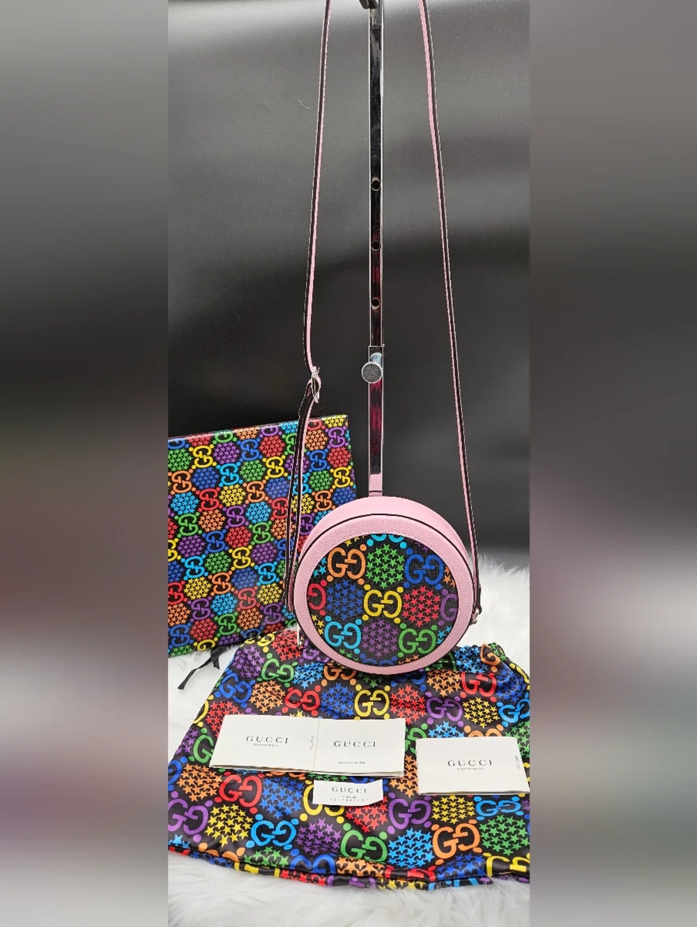 GUCCI Rainbow Psychedelic Round Shoulder Messenger Bag Purse Pink Handbag - Picture 11 of 17